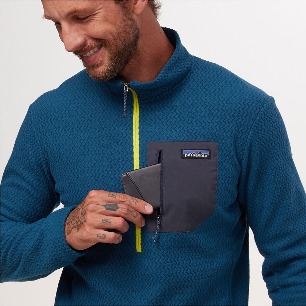 Patagonia Blue Fleece Pullover with Navy Chest Pocket and Lime Zipper